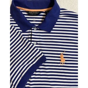 Ralph Lauren Golf Polo Shirt Pro Fit Mens XL‎ Blue/White Striped Big Peach Pony